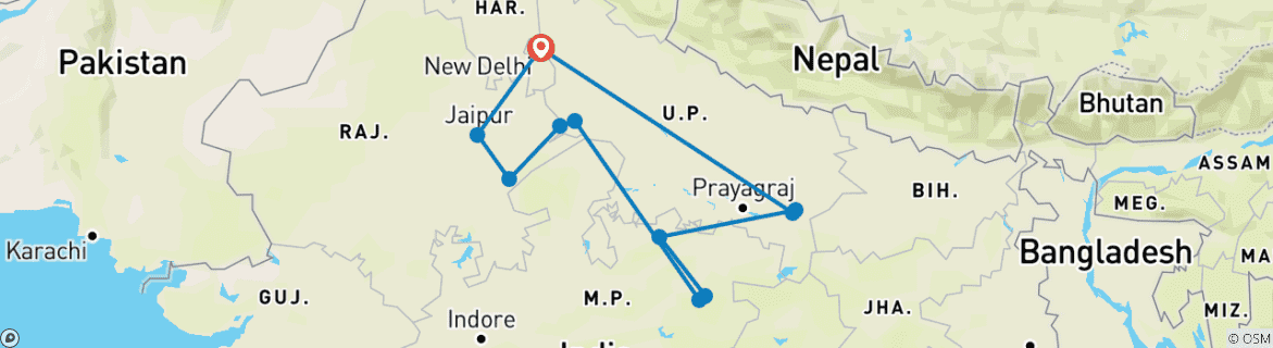 Image of a map showing the route of the tour