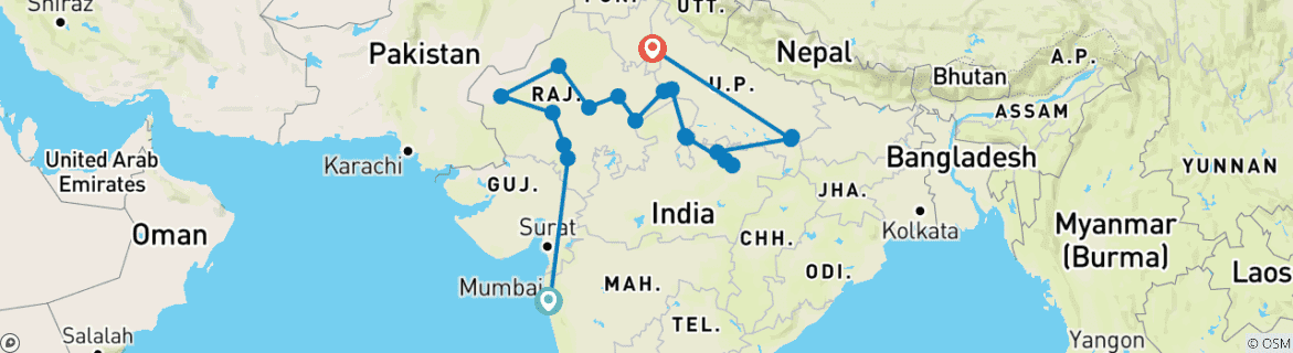 Karte von Rajasthan mit Varanasi & Ranthambore