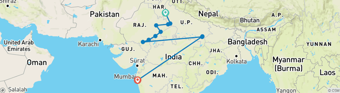 Image of a map showing the route of the tour