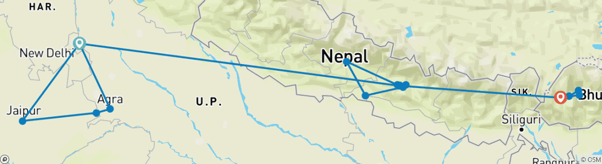 Image of a map showing the route of the tour