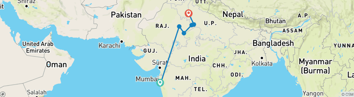 Image of a map showing the route of the tour