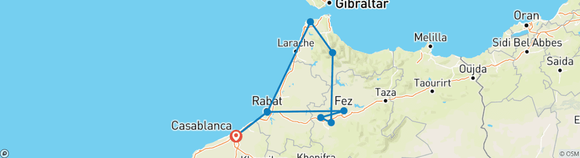 Image of a map showing the route of the tour