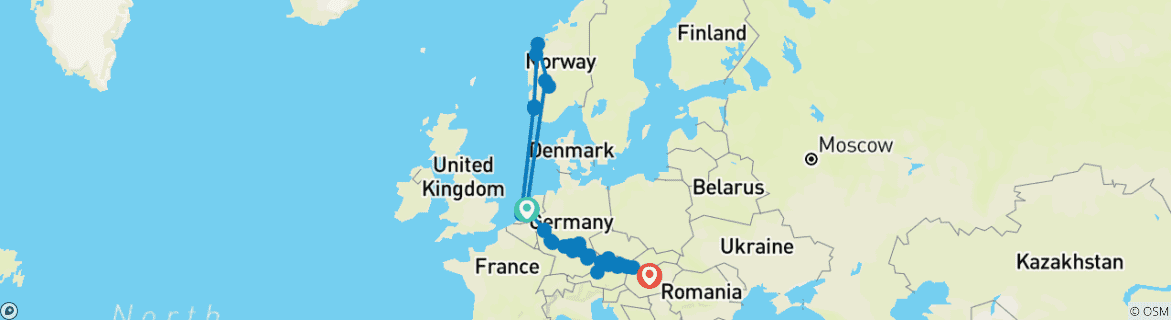 Image of a map showing the route of the tour