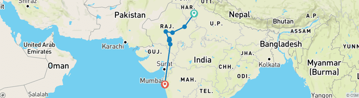Image of a map showing the route of the tour