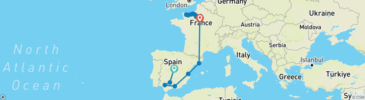 Image of a map showing the route of the tour