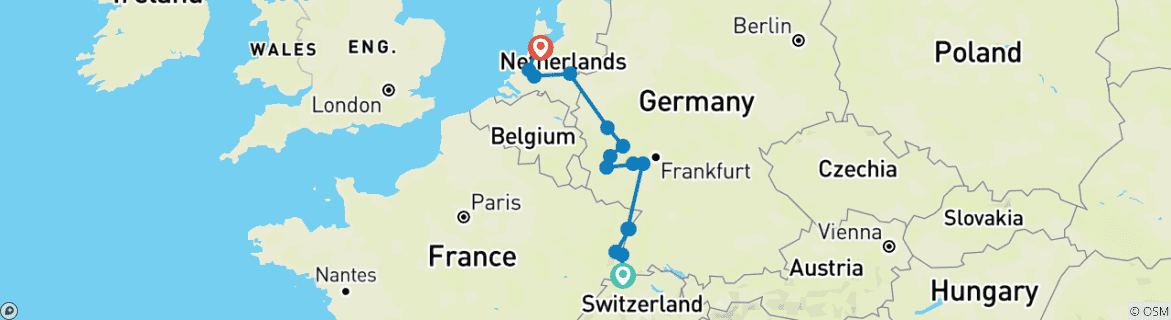 Image of a map showing the route of the tour