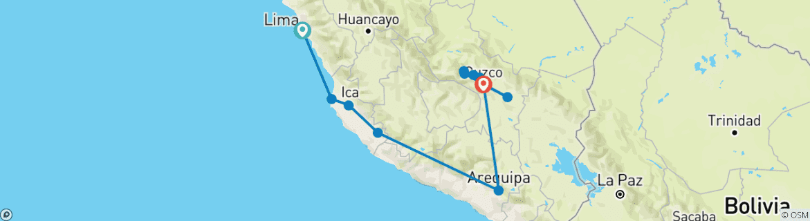Image of a map showing the route of the tour