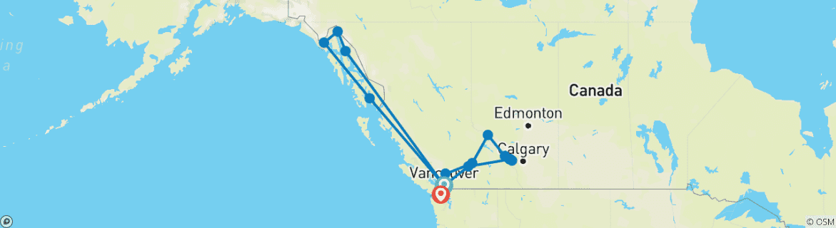Image of a map showing the route of the tour