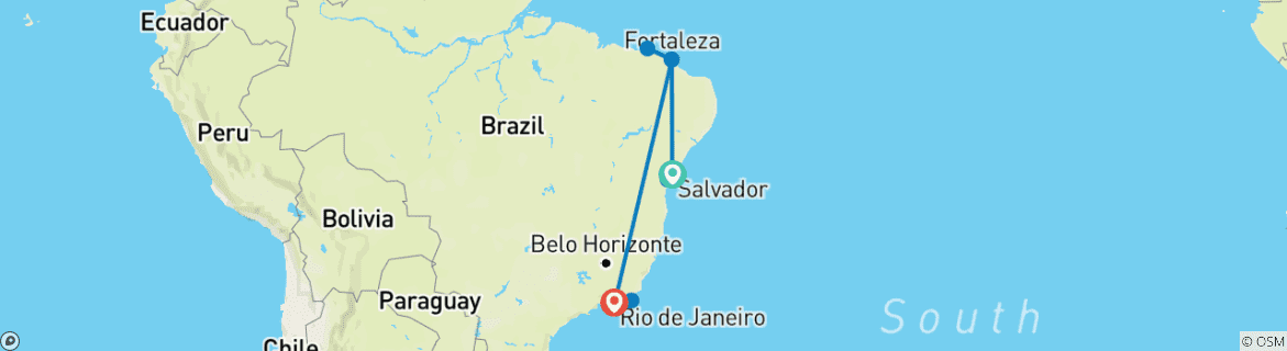 Image of a map showing the route of the tour