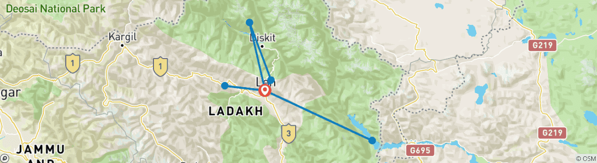 Image of a map showing the route of the tour