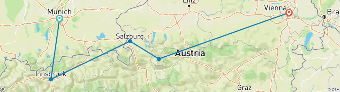 Image of a map showing the route of the tour