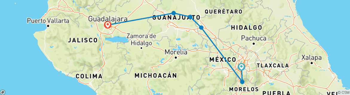 Image of a map showing the route of the tour