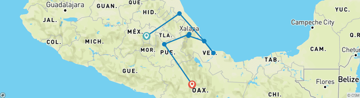 Image of a map showing the route of the tour