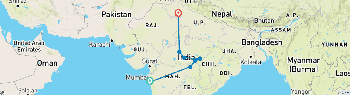 Image of a map showing the route of the tour