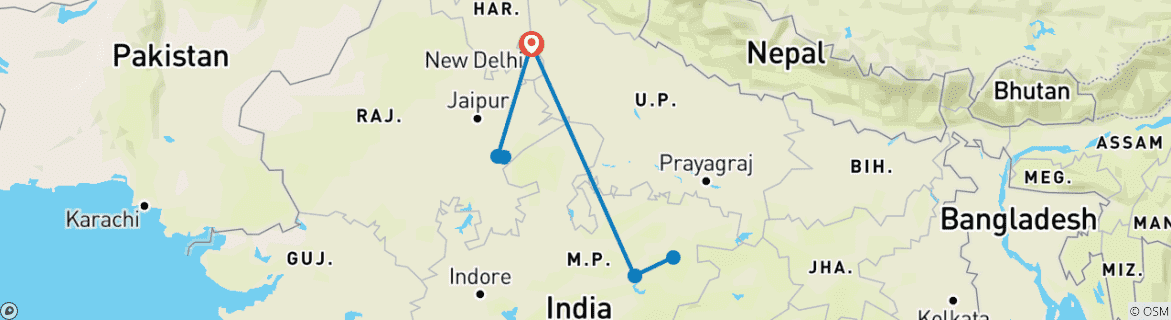 Carte du circuit Safari en Inde avec des tigres, Ranthambore et Bandhavgarh
