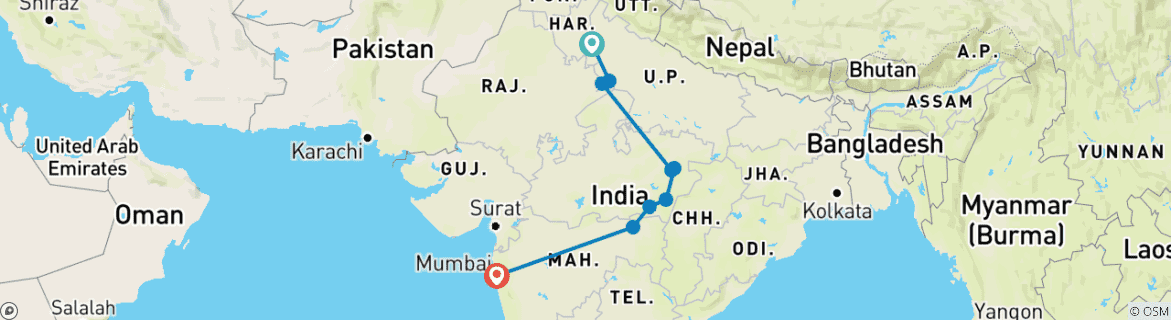 Image of a map showing the route of the tour