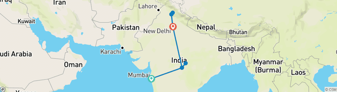 Image of a map showing the route of the tour