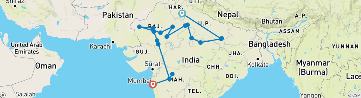 Karte von Unglaubliches Indien, Varanasi nach Rajasthan erleben