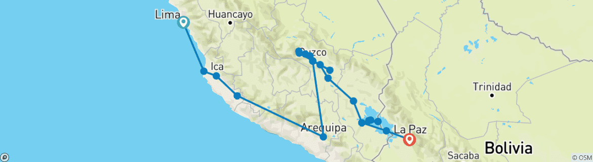 Image of a map showing the route of the tour