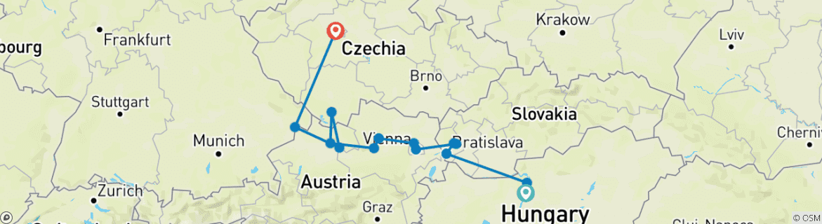Image of a map showing the route of the tour