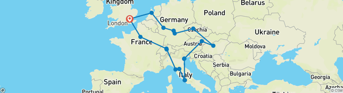 Image of a map showing the route of the tour