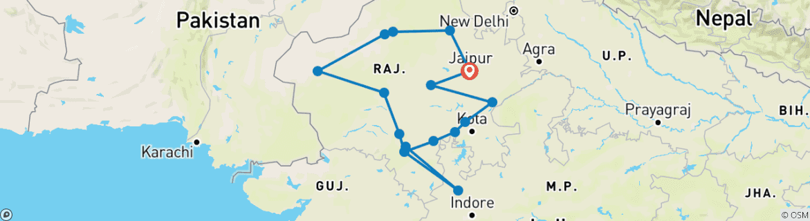 Image of a map showing the route of the tour