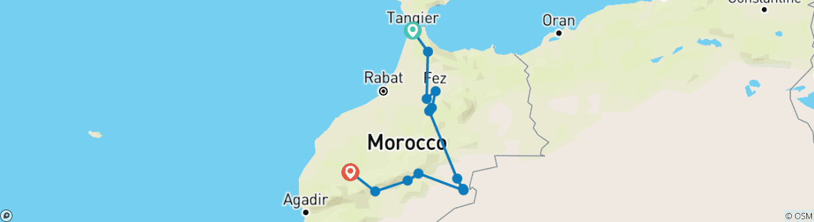 Image of a map showing the route of the tour