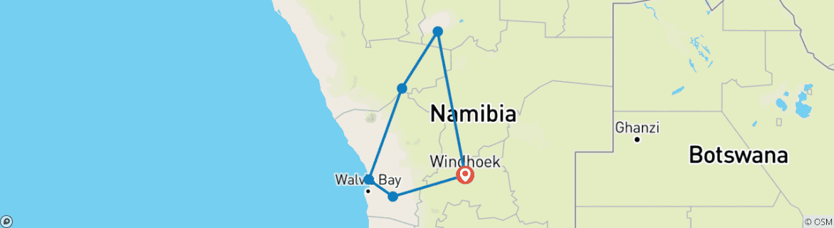 Image of a map showing the route of the tour