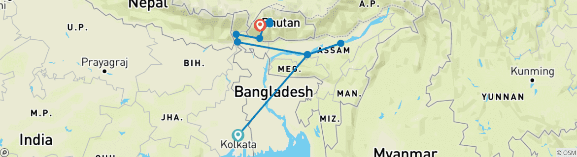 Image of a map showing the route of the tour