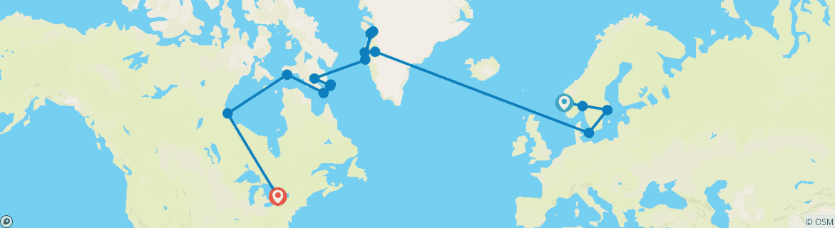 Carte du circuit Découverte de la Scandinavie et de l'Arctique canadien - Croisière et voyage terrestre