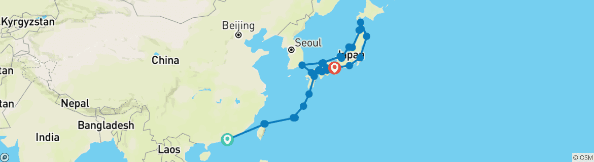 Image of a map showing the route of the tour