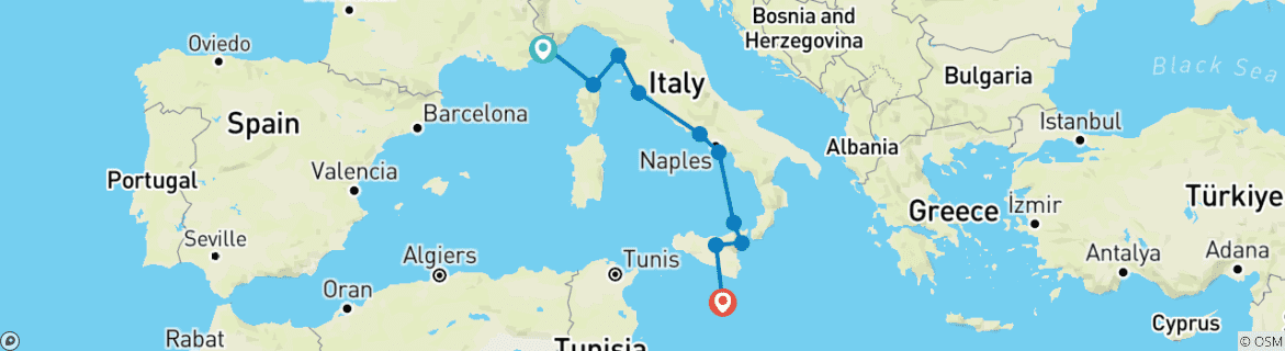 Image of a map showing the route of the tour