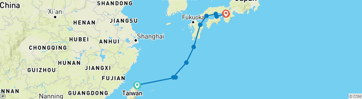 Image of a map showing the route of the tour