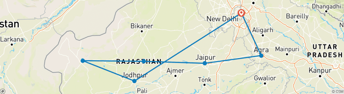 Image of a map showing the route of the tour
