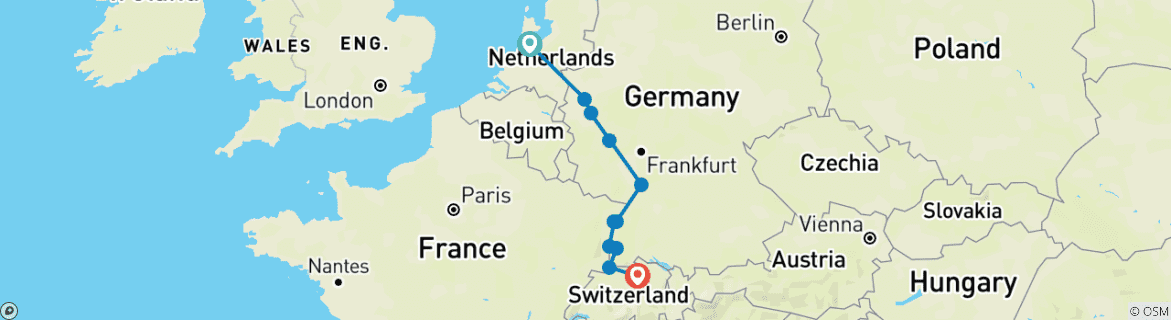 Image of a map showing the route of the tour