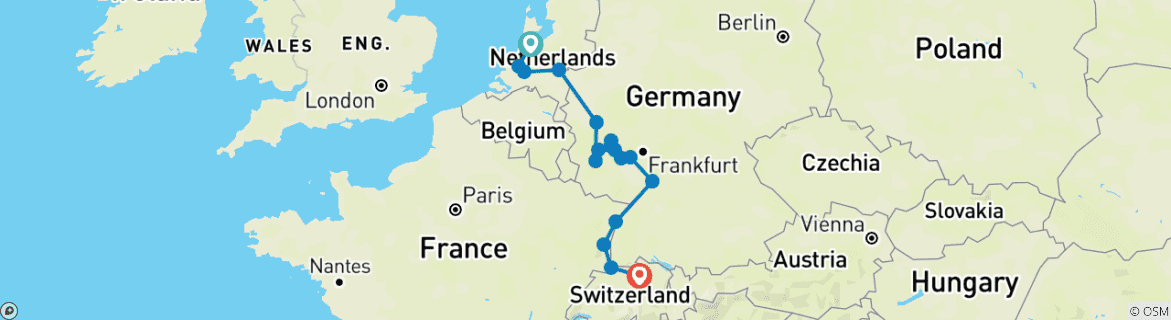 Image of a map showing the route of the tour