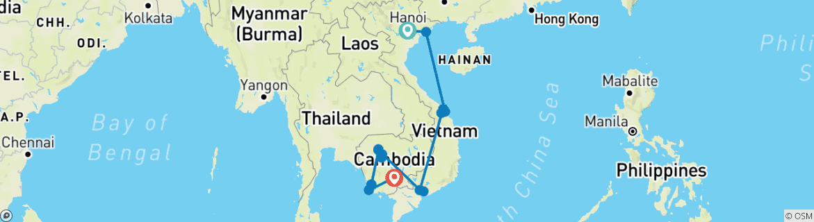 Image of a map showing the route of the tour