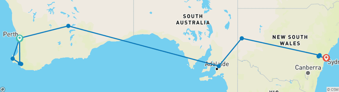 Image of a map showing the route of the tour
