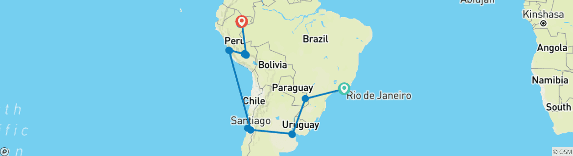 Image of a map showing the route of the tour