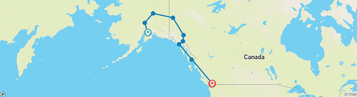 Image of a map showing the route of the tour