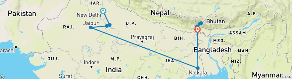 Image of a map showing the route of the tour