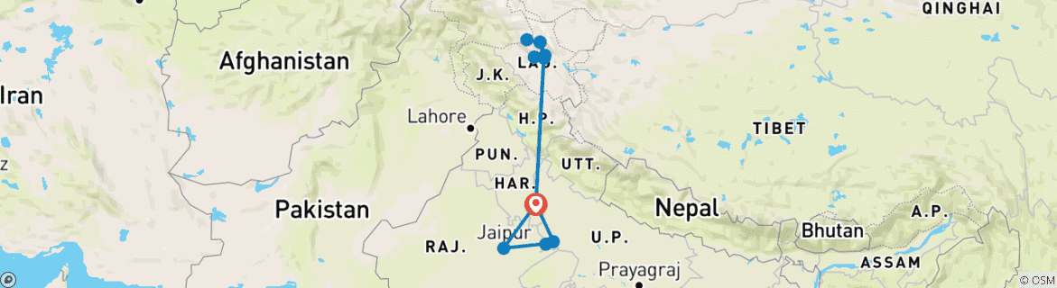 Image of a map showing the route of the tour