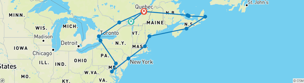 Carte du circuit Croisière Couleurs de l'Est du Canada et de la Nouvelle-Angleterre 2027