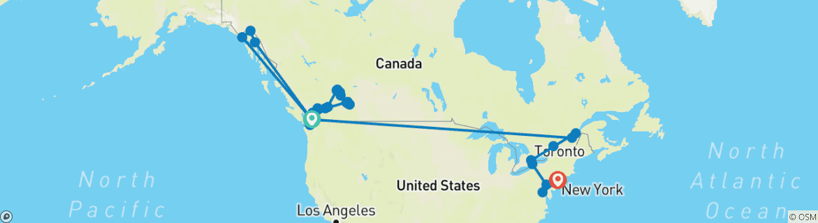 Mapa de Gran Vuelta a Canadá y Alaska Crucero 2027