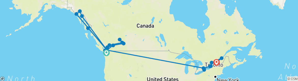 Carte du circuit Grandeur des Rocheuses, croisière en Alaska et Best of the East 2027