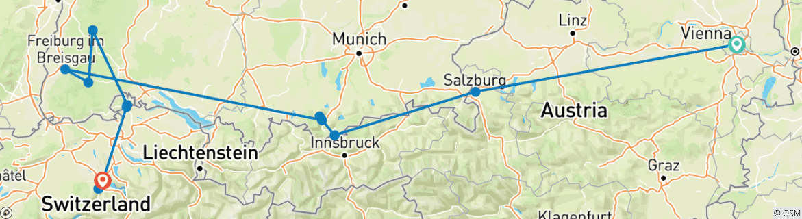 Kaart van De Alpenlanden verkennen Oostenrijk - Duitsland - Zwitserland (Wenen naar Luzern) (2027)