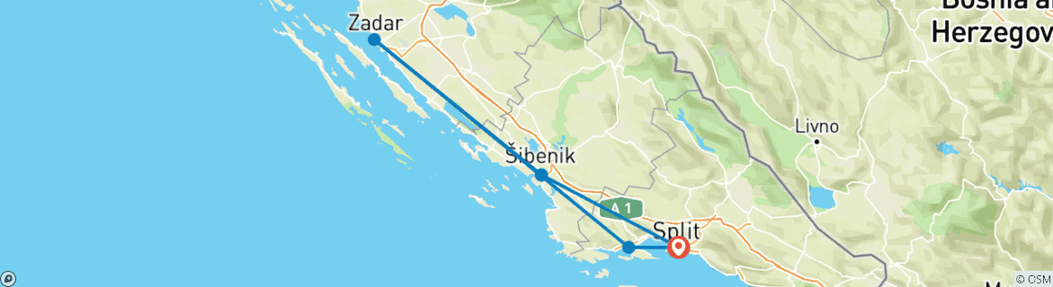 Carte du circuit Au départ de Split : Circuit de 3 jours en Dalmatie centrale. La première région côtière de l'Adriatique. Visitez Sibenik, Trogir et Zadar. Sites de l'UNESCO. Des destinations côtières époustouflantes. Nombreuses villes anciennes, histoire, architec…