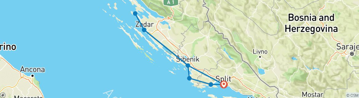 Image of a map showing the route of the tour