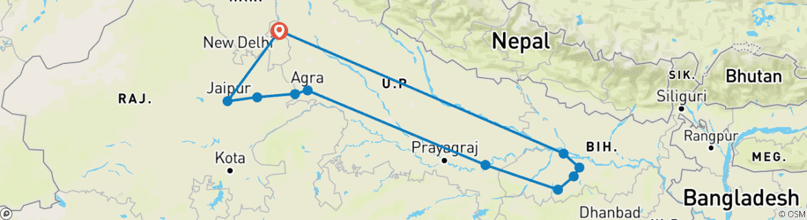 Image of a map showing the route of the tour