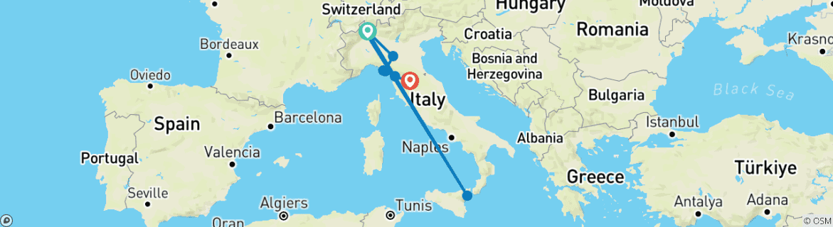 Image of a map showing the route of the tour